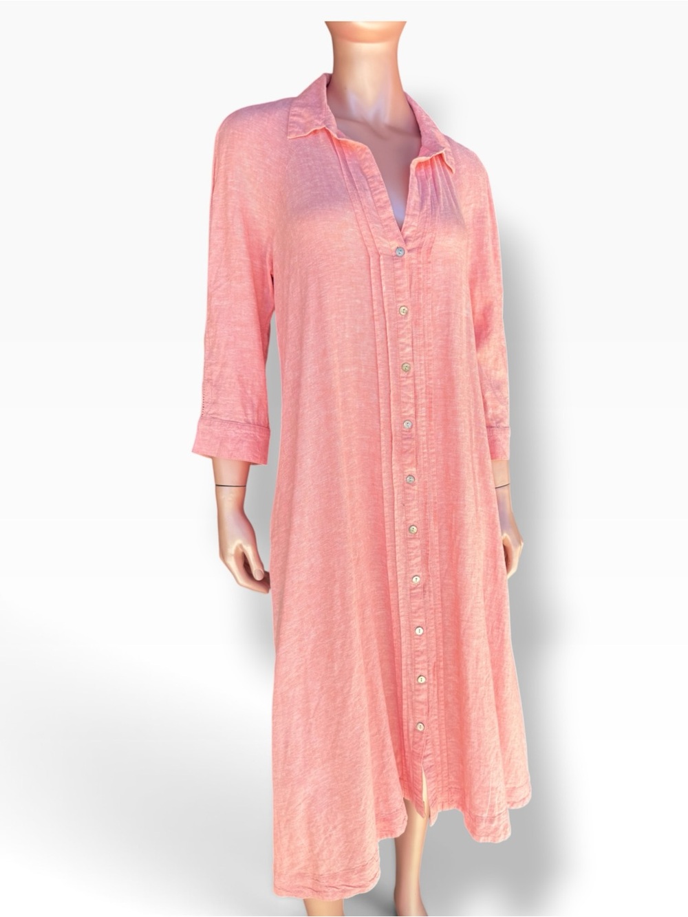 Calypso St. Barth linen Dress Coral Peach pockets Midi -long Sleeve- A-Line XS S